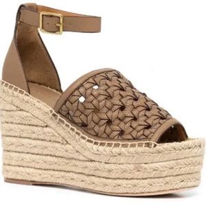 Tory Burch basket weave brown woven leather ankle strap wedges size 8